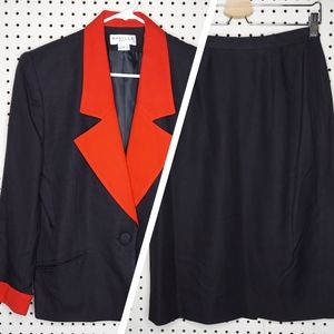 Saville Vtg Skirt Suit‎ 8 Color Block Black Red 1-Button Blazer Midi 90s Pocket